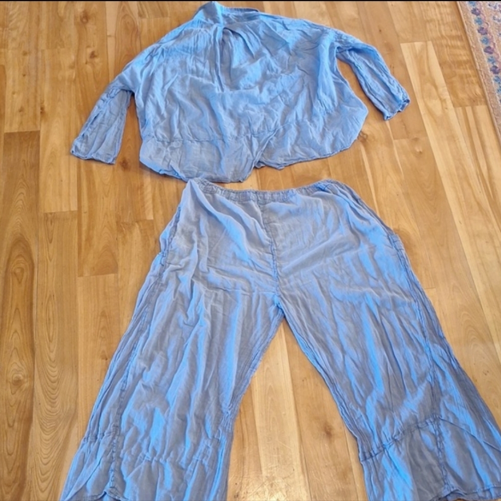 Free People Heat Of The Night 2 Piece Loungewear Set Top XS Pants L Chambray - Picture 7 of 8